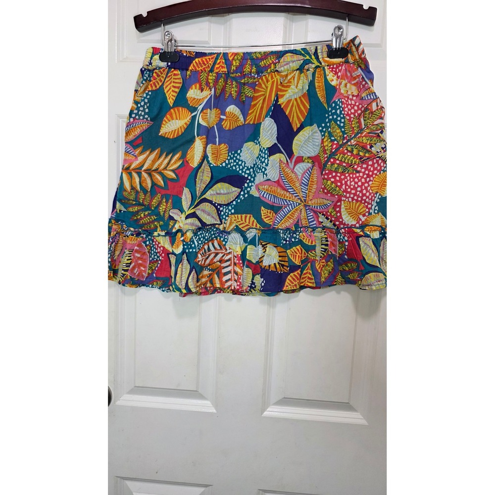Cynthia Rowley Tropical Leaf Mini Skirt Womens XL Multicolor Cotton Ruffle Hem